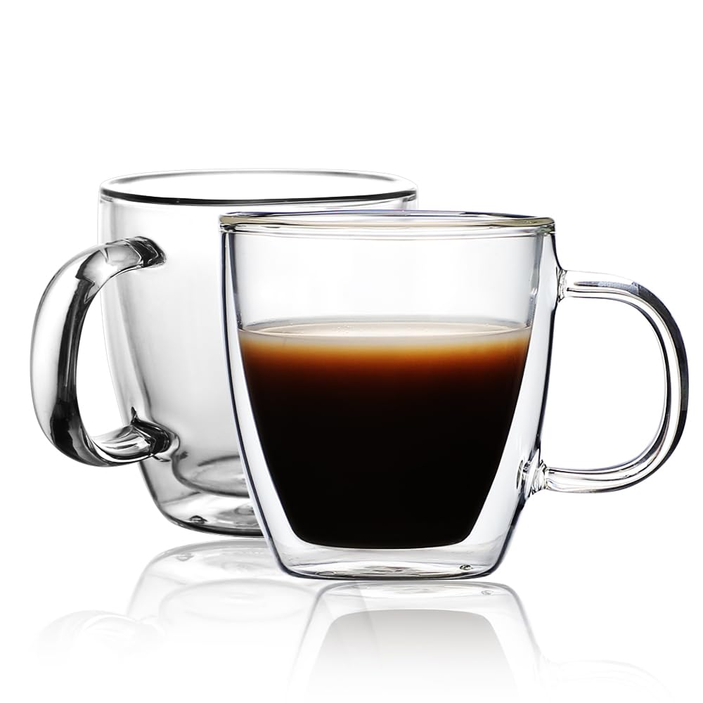CNGLASS Glass Coffee Mugs 12oz,Double Walled Insulated Cappuccino Mug with Handle,Clear Espresso Cups for Cappuccino,Latte,Tea Bags,Hot and Cold Beverages,Set of 4