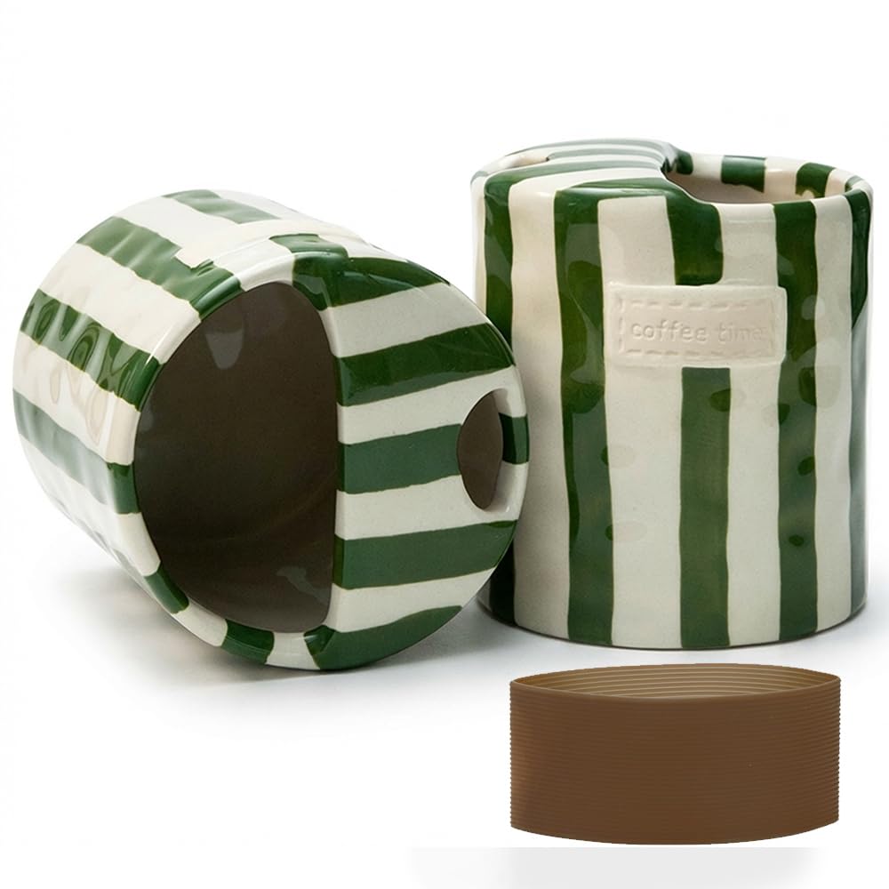 Ceramic Coffee Mug with Sip Hole, 12oz To Go Ceramic Mug Striped