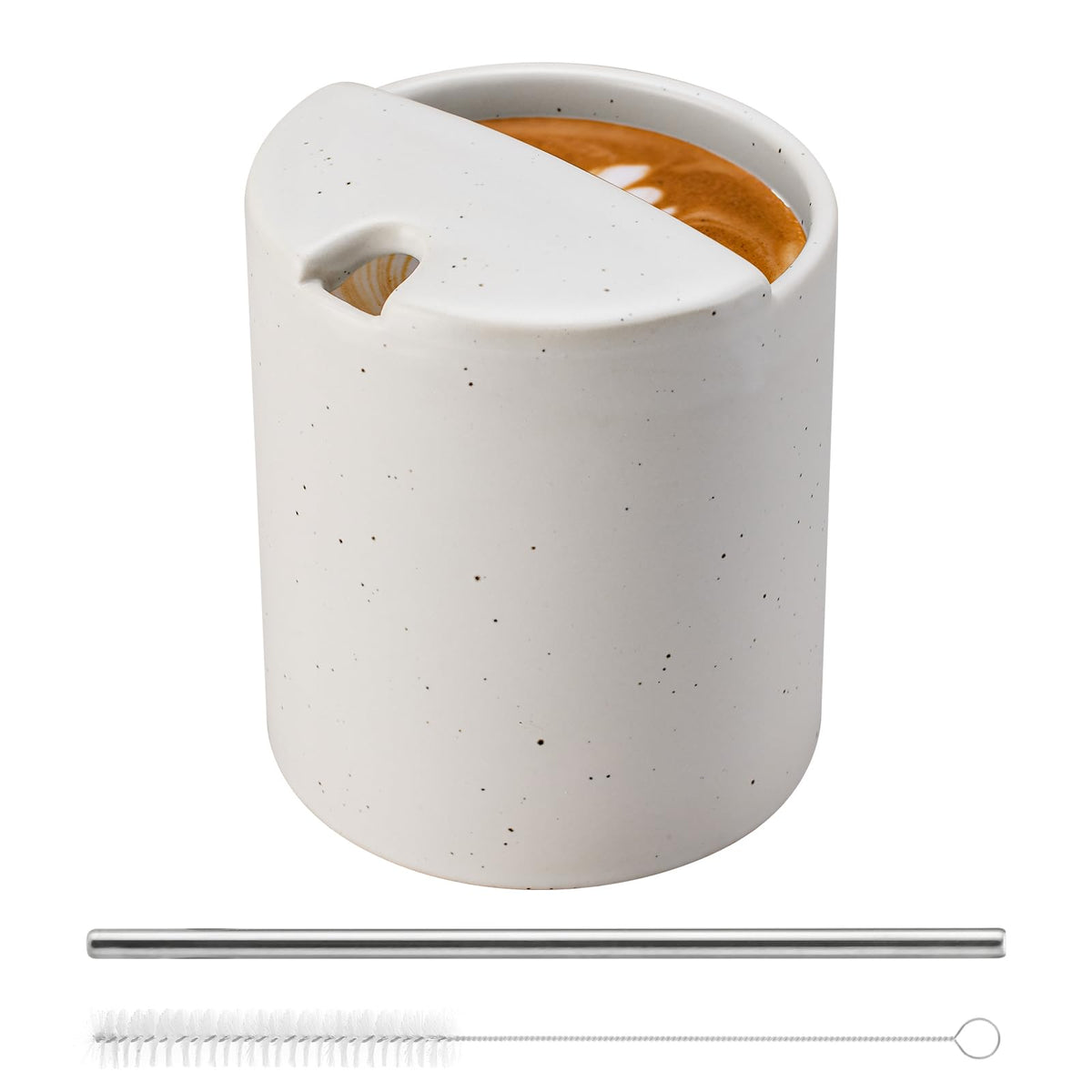 Ceramic Coffee 16oz Mug Hand-Painted Espresso Cup,with Sip Hole and Brush Retro Ceramic Travel Mug For Kitchen, Dining,Microwave Safe (Spotted cream)