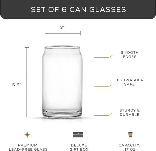 JoyJolt Drinking Glass Cups Set of 6-16oz Beer Can Glasses. Clear Soda Can Shaped Glass Cups, Cute Iced Coffee Cup Tumblers, Cold Drink Glassware, Unique Water, Tea, Cocktail Glass Set