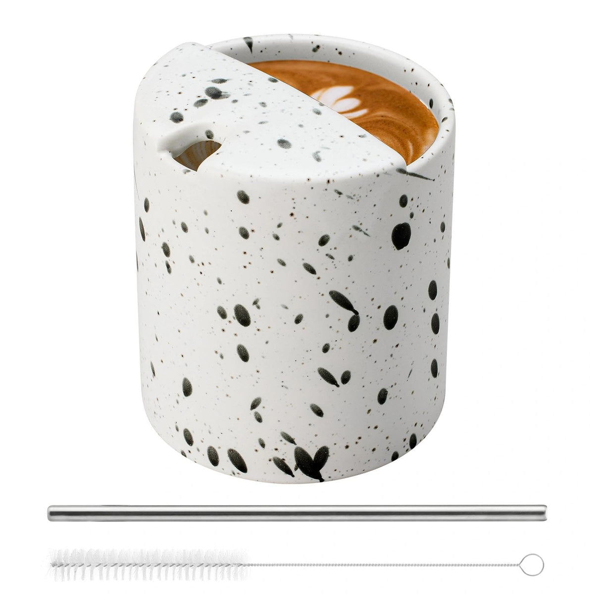 Ceramic Coffee 16oz Mug Hand-Painted Espresso Cup,with Sip Hole and Brush Retro Ceramic Travel Mug For Kitchen, Dining,Microwave Safe (Spotted cream)