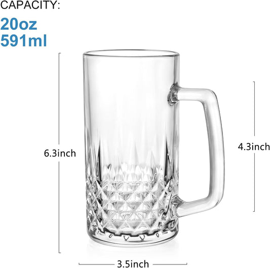 Beer Mugs For Freezer, 20 oz Large Heavy Glass Mugs with Handles Set of 4, Perfect Frozen Beer Mugs for Home Bar Accessories, Gifts for Men