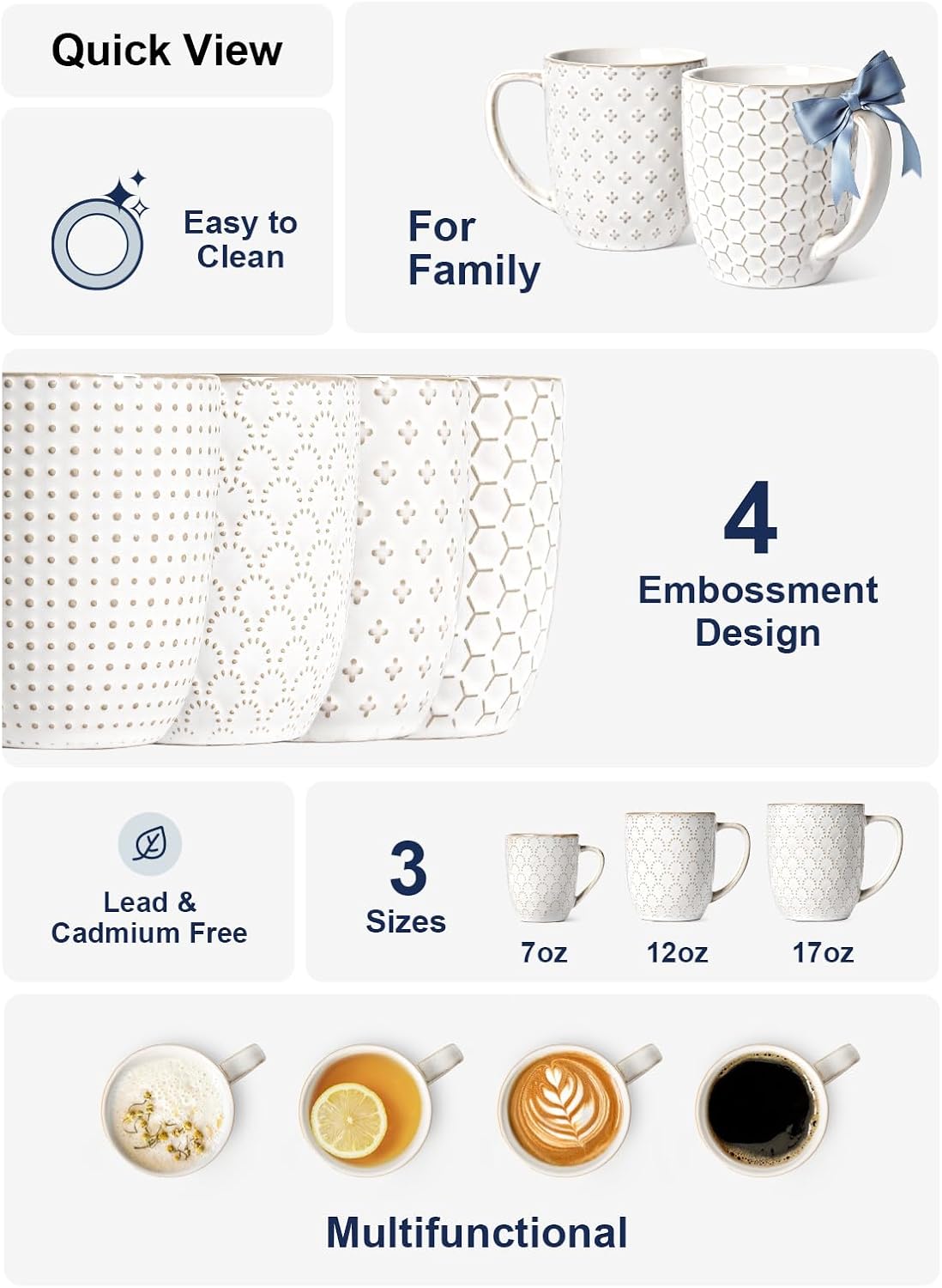 LE TAUCI Ceramic Coffee Mugs Set of 4, 16 oz, Embossed, Arctic White