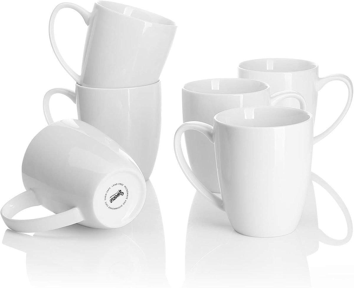 Sweese Porcelain White Coffee Mugs - 12 Ounce - Set of 6, Coffee Cups for Latte, Hot Tea, Cappuccino, Mocha, Cocoa, Festival Gift, Microwave Safe 