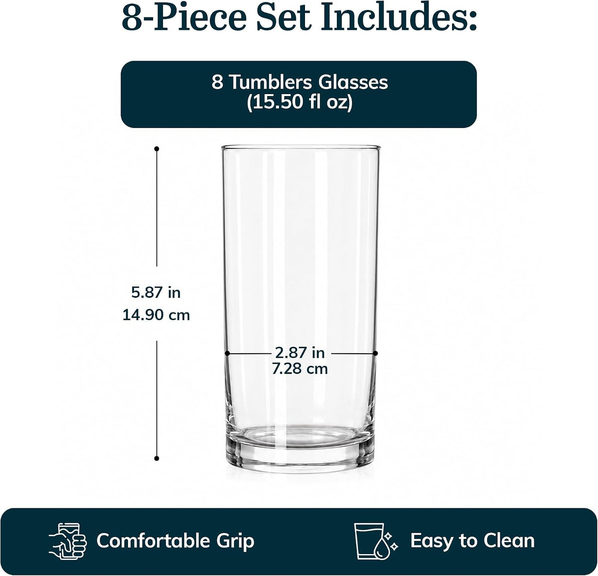 Libbey Heavy Base Drinking Glasses Set of 8, Clear Water Cups