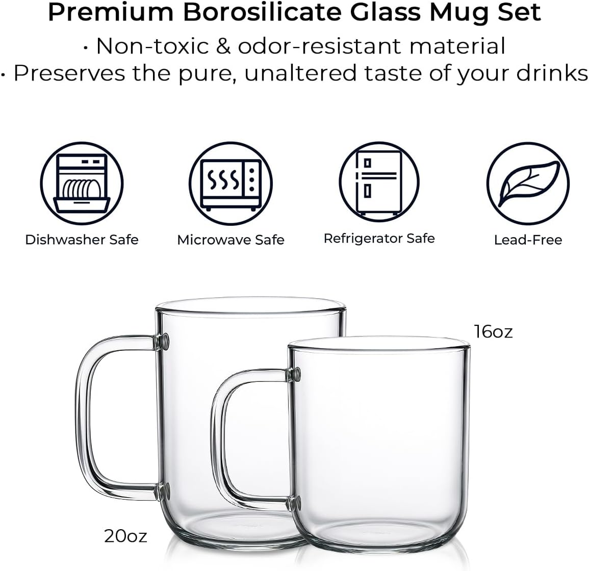 Aquach 16oz Glass Coffee Mugs Set of 2, Large Clear Borosilicate Cups