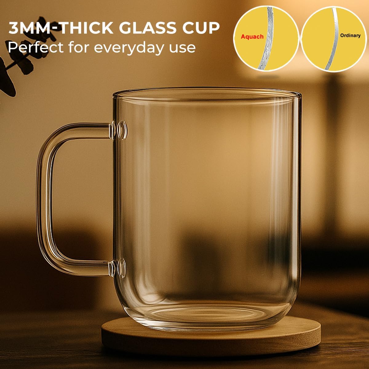 Aquach 16oz Glass Coffee Mugs Set of 2, Large Clear Borosilicate Cups