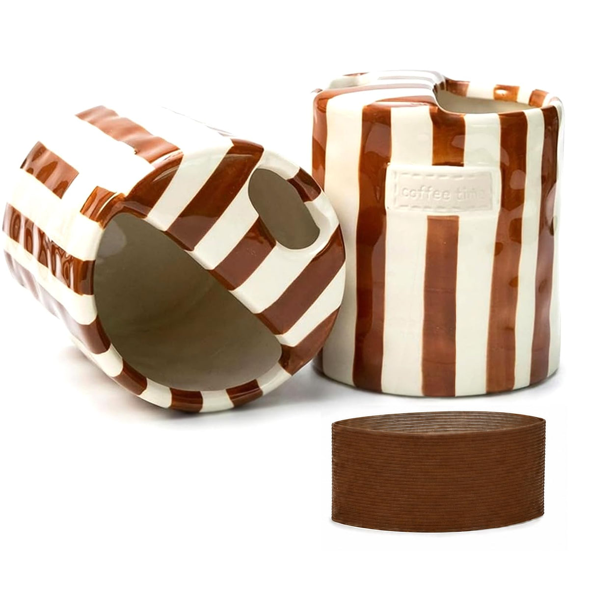 Ceramic Coffee Mug with Sip Hole, 12oz To Go Ceramic Mug Striped