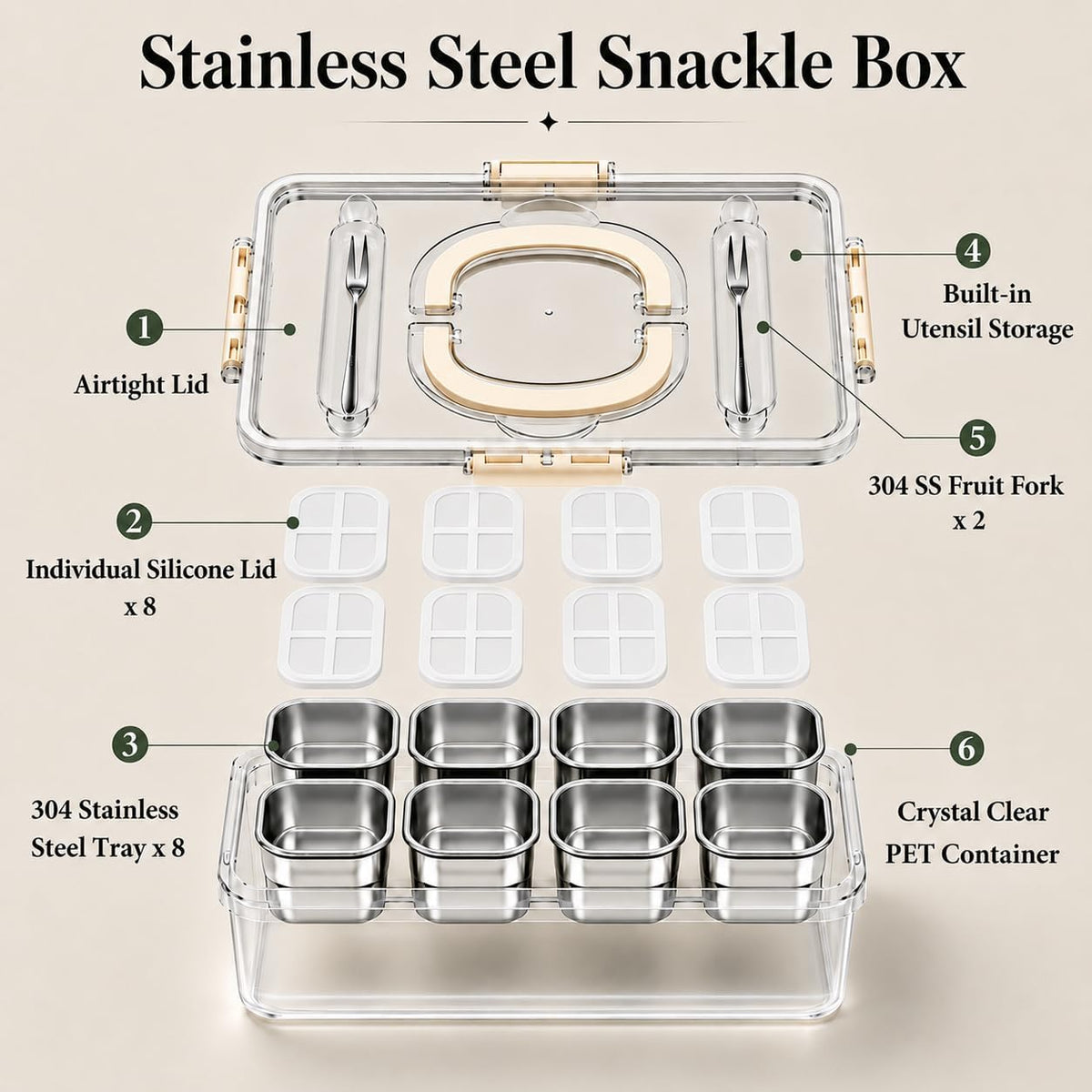 Stainless Steel Snackle Box, 8 Removable Snack Containers with Lids
