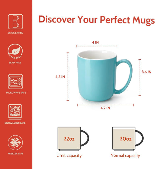 Sweese Porcelain Coffee Mugs Set of 6, 20oz Large Coffee Mugs Porcelain with Big Handle, Assorted Colors Oversized Cups for Latte, Cocoa, Tea, Festival Gift, Microwave Safe