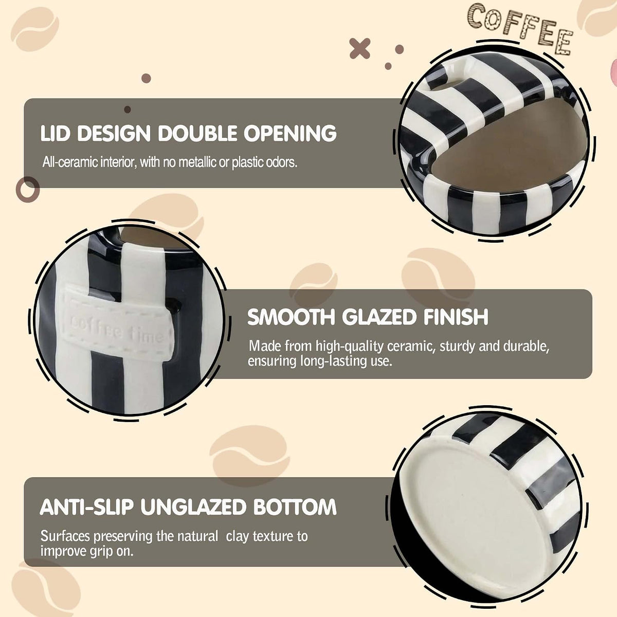 Ceramic Coffee Mugs 10 oz Retro Striped Coffee Mug No Handle with Straw