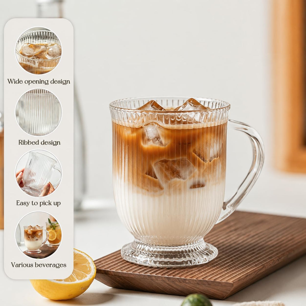 KEMORELA 16oz Ribbed Glass Coffee Mugs Set,Large Glass Mugs with Handle