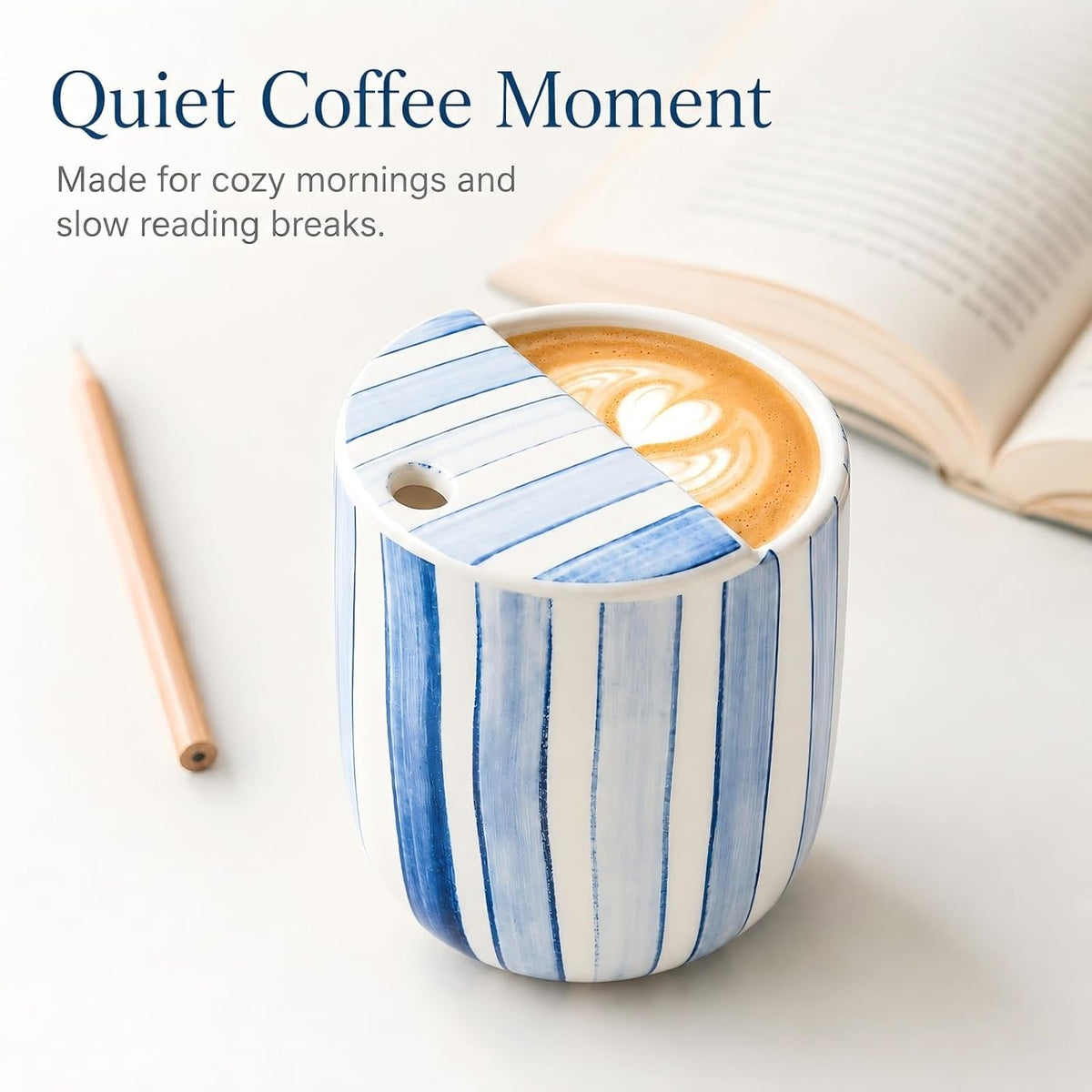 1 Pcs Ceramic Mug with Sip Hole 10 oz Blue Striped