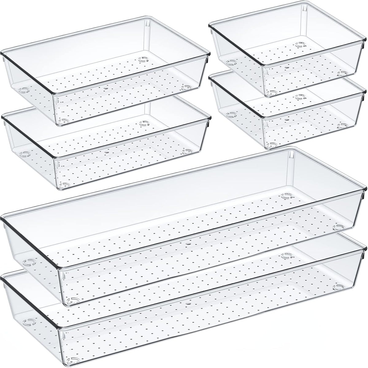 Criusia 6 Pcs Large Size Clear Drawer Organizer Set, Acrylic Non Slip Non Cracking Kitchen Drawer Storage Tray Divider, Multifunctional Storage for Cosmetics, Bathroom, Tools, Kitchen and Office