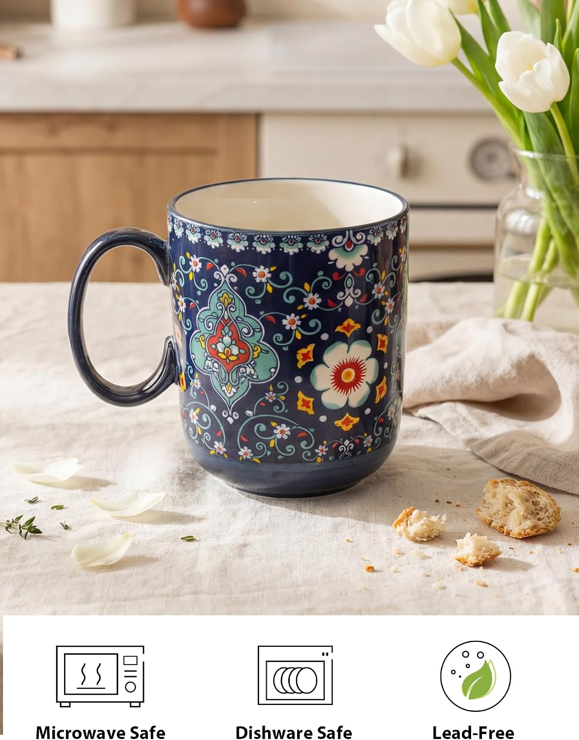 HENXFEN LEAD 14 oz Boho Ceramic Coffee Mug & Tea Cup - Midnight Blue
