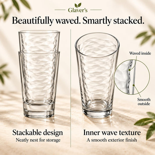 Glaver's 17 Oz Highball Drinking Glasses, Set of 10 Glass Cups and Tumblers | Tempered Glass, Heavy Base, Stackable, Dishwasher Safe, Lead-Free, BPA Free, Food Grade, Wavy Ribbed, Smooth Exterior