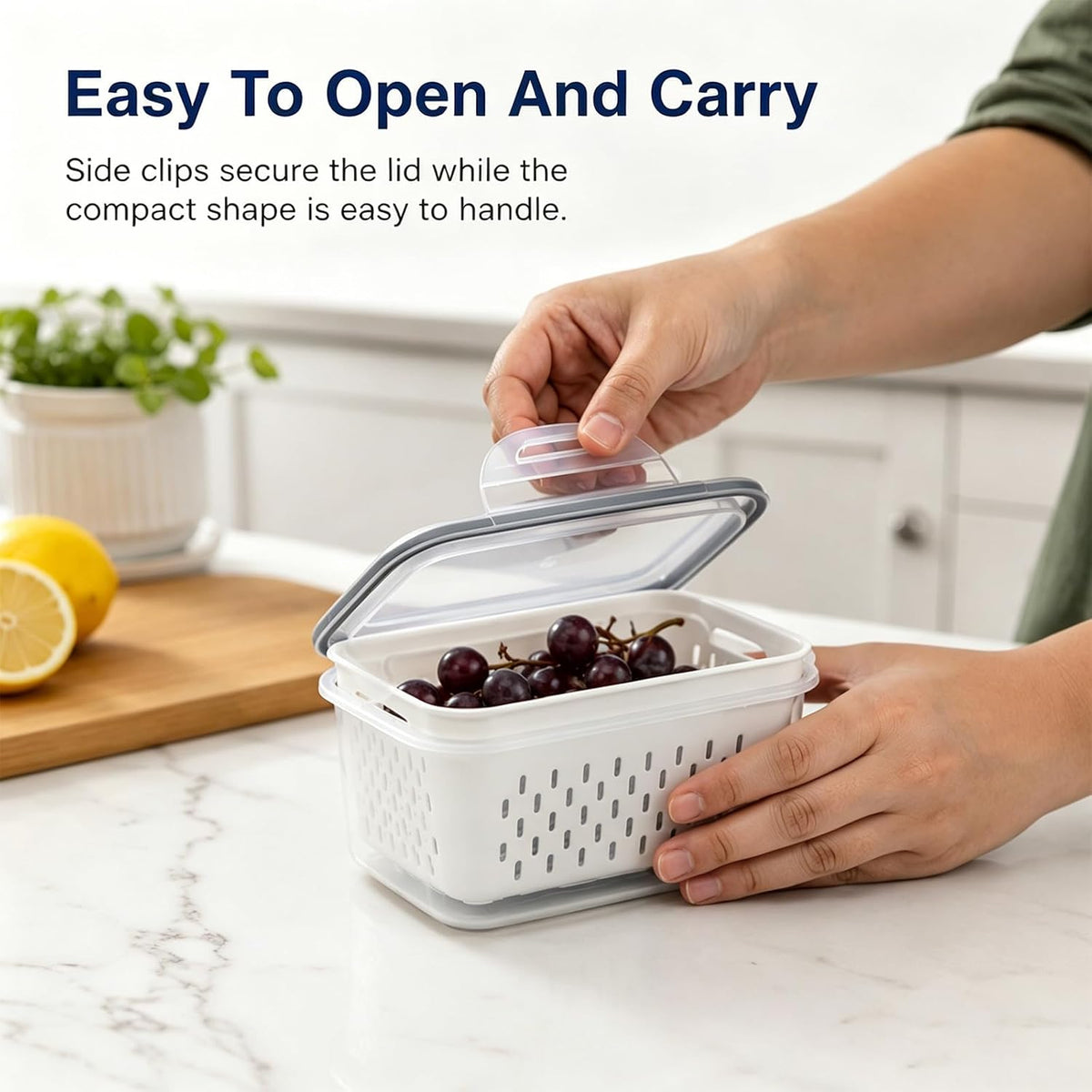 2 Pack Fruit Storage Containers for Fridge with Removable Colander, Grey