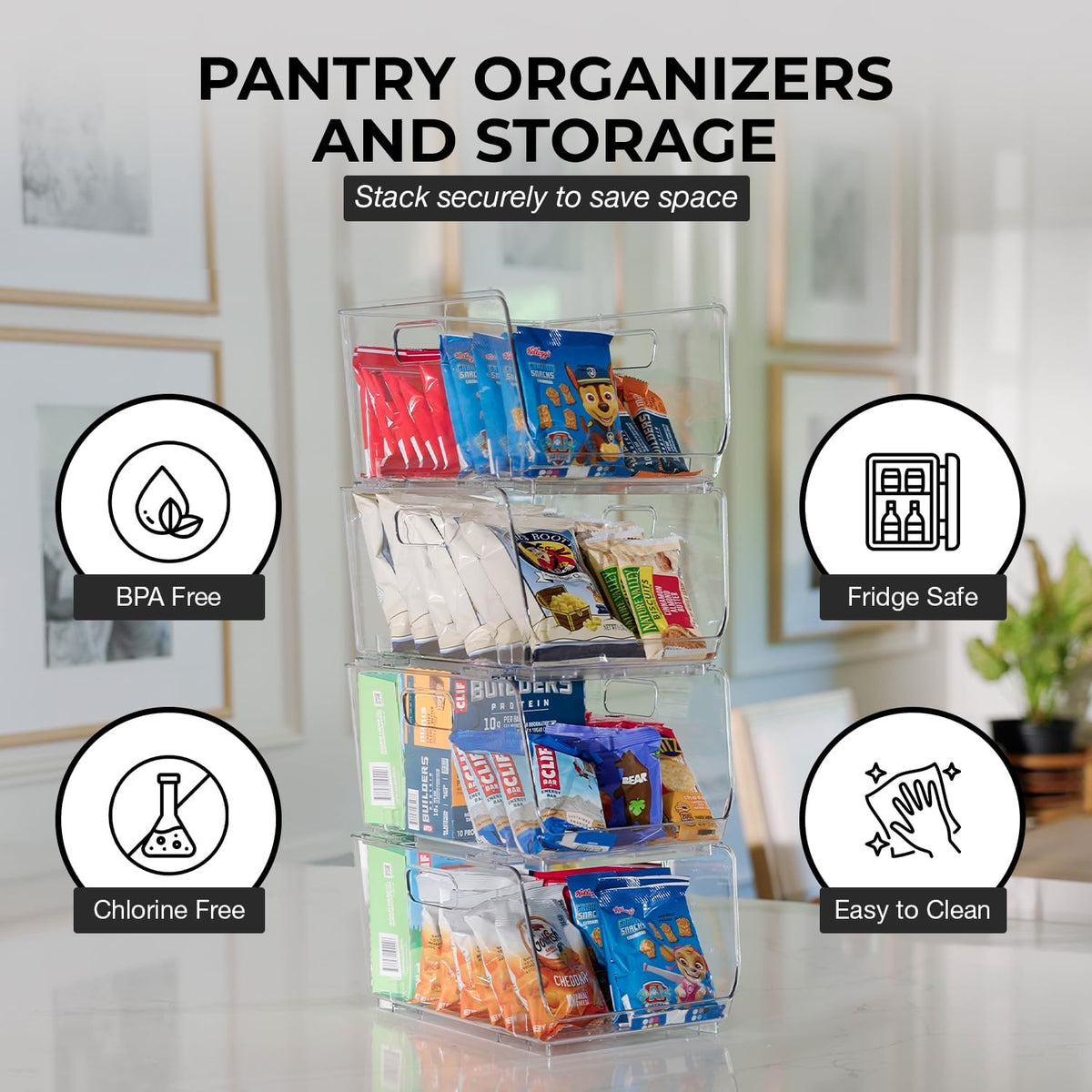 ClearSpace Stackable Storage Bins, Front Pantry Organizer, Medium, 4 Pack