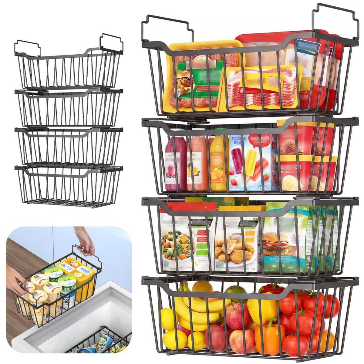 Goovilla Freezer Organizer Bins for 5-7 Cu.FT Chest Freezer, 4 Pack Black
