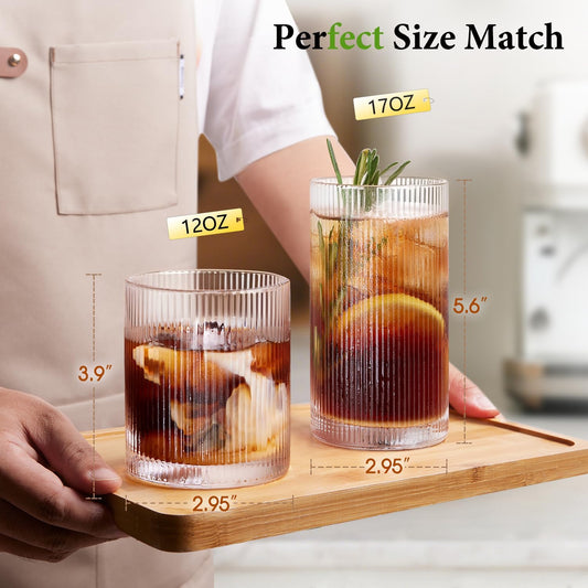 Drinking Water Glass Cups Set,Crystal Clear ribbed Glass set of 8,17oz&12oz