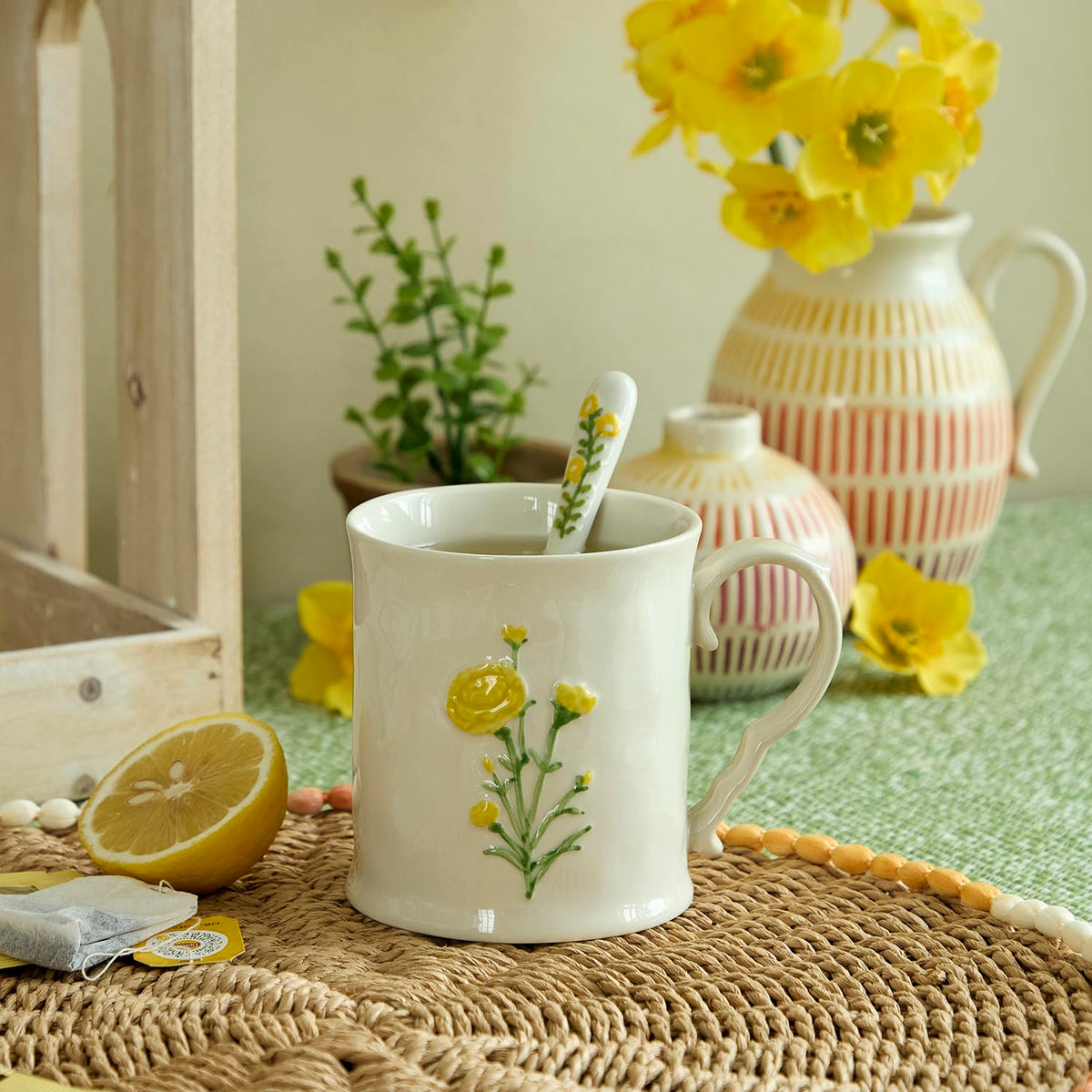 2 Pack Floral Ceramic Coffee Mugs - Yellow and Blue Flowers, Hand-Painted, Microwave & Dishwasher Safe, Ideal for Cappuccino, Tea, Hot Chocolate