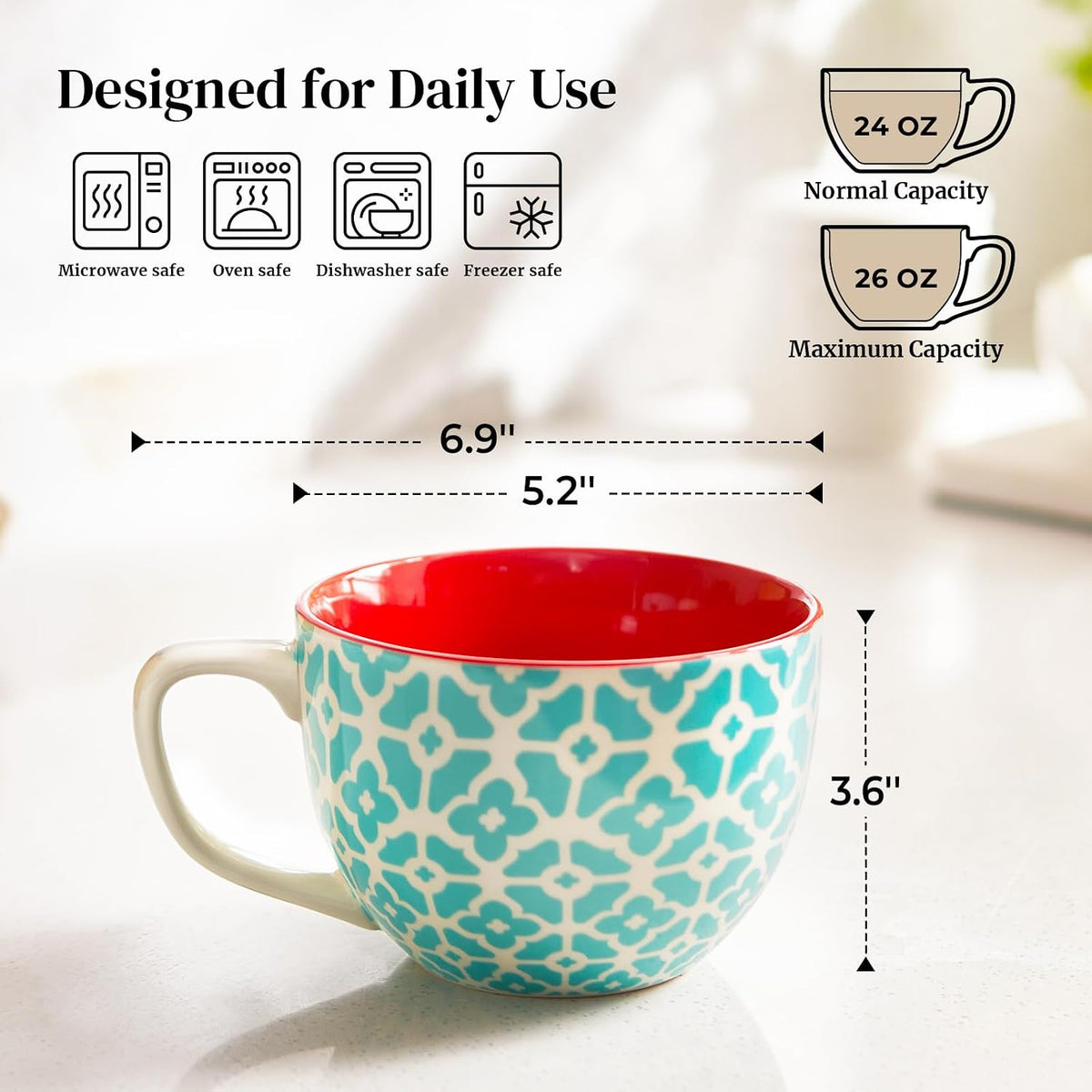 DOWAN 24 OZ Boho Mosaic Soup Mugs with Handle, Large Coffee Mugs Set of 4