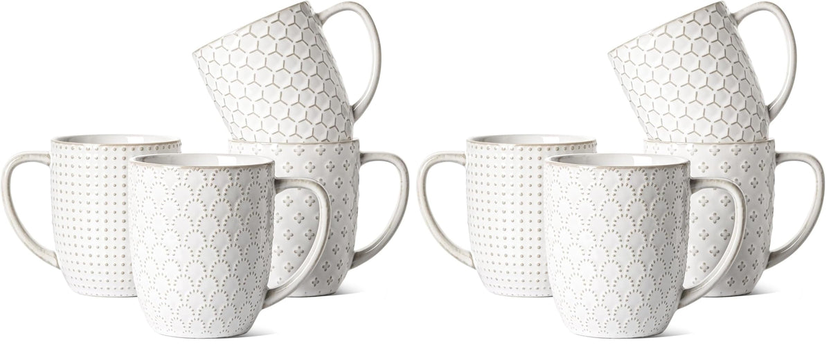 LE TAUCI Ceramic Coffee Mugs Set of 4, 16 oz, Embossed, Arctic White