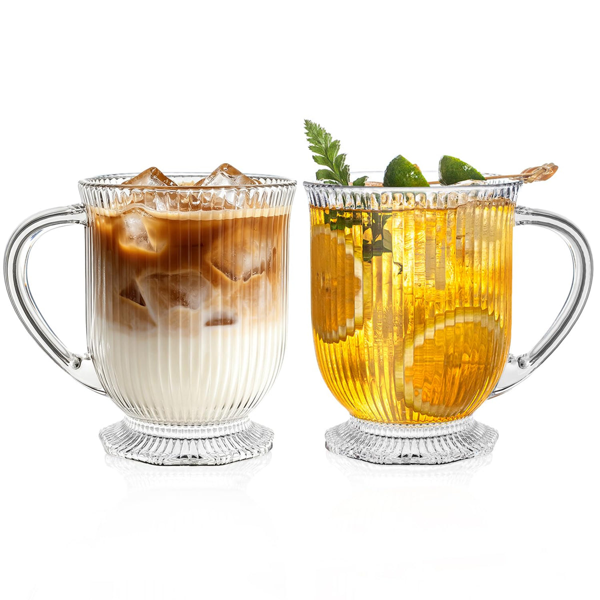 KEMORELA 16oz Ribbed Glass Coffee Mugs Set,Large Glass Mugs with Handle
