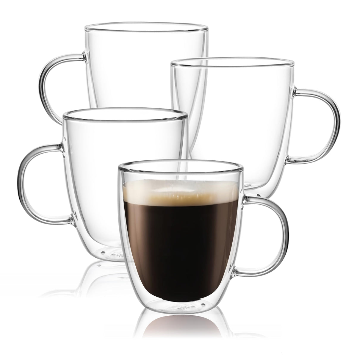 CNGLASS Glass Coffee Mugs 12oz,Double Walled Insulated Cappuccino Mug with Handle,Clear Espresso Cups for Cappuccino,Latte,Tea Bags,Hot and Cold Beverages,Set of 4