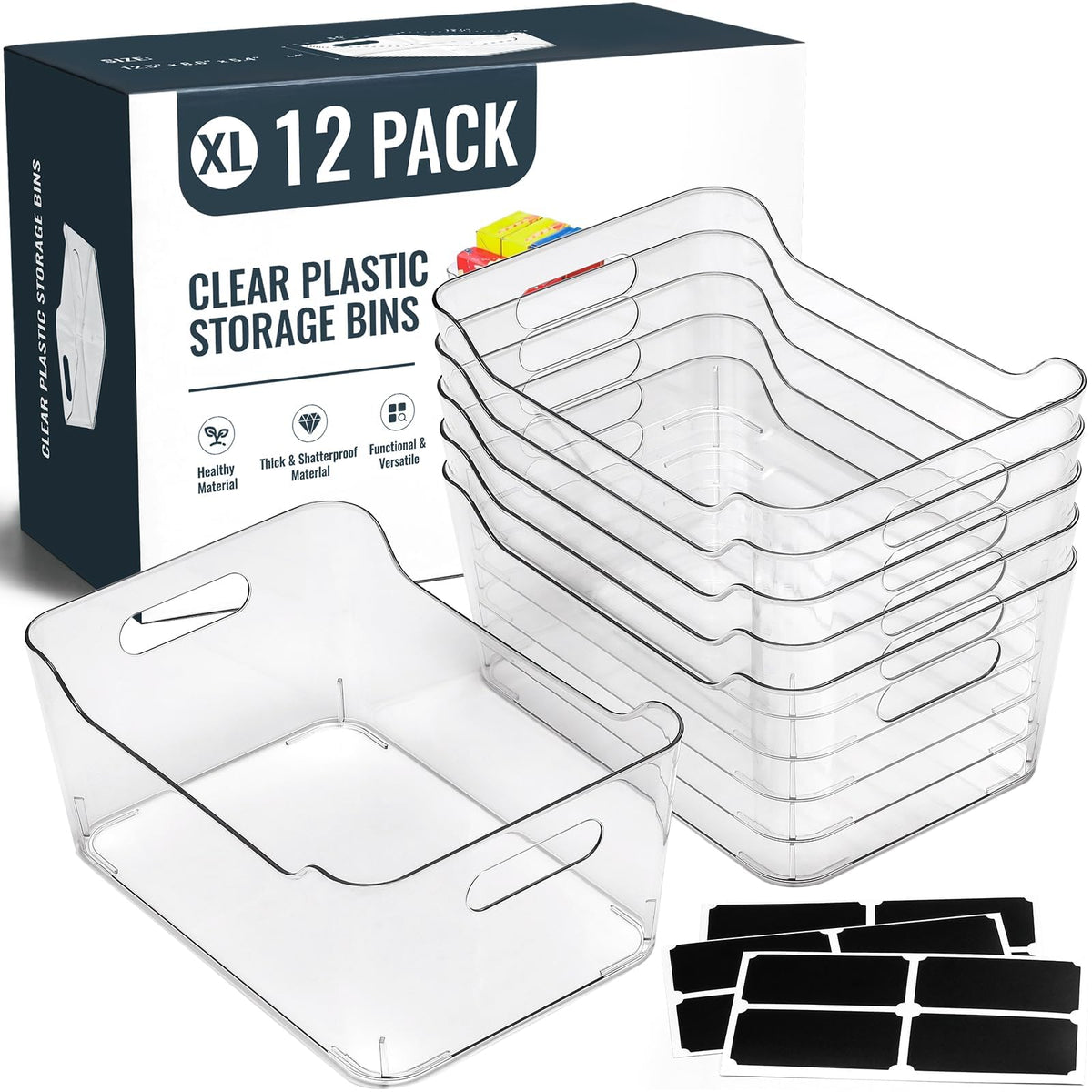 12 PACK Multi-Use Clear Storage Bins, Pantry Kitchen Cabinet Organizer Bins