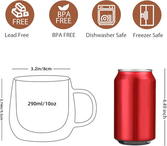 CNGLASS 10oz Double Walled Glass Coffee Mugs(4-pack),Clear Coffee Cups with Handle,Glass Espresso Mugs for Latte,Cappuccino,Tea