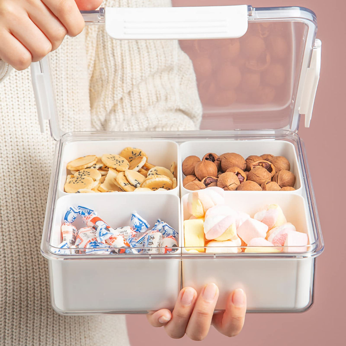 2Pack Divided Snackle Box with Lids Stackable Food Serving Tray for Fruit&Veggie Plastic Fridge Storage Container for Pantry Freezer Clear Snack Box for Meal Prep Candy Nuts Spice
