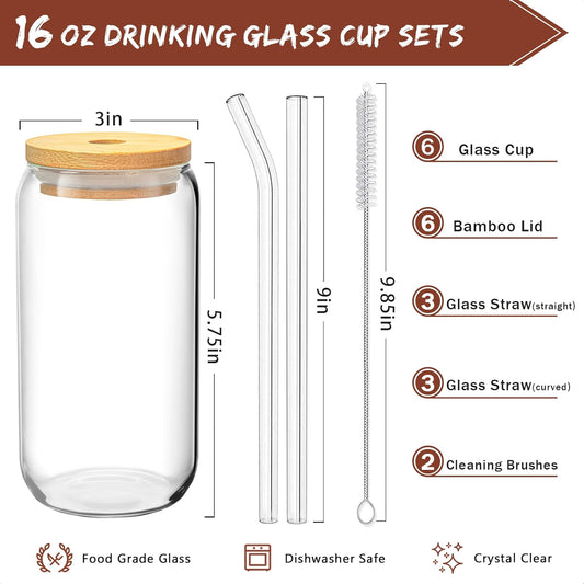 16 Oz Drinking Glasses - 8 Pcs Glass Cups with Bamboo Lids and Straws