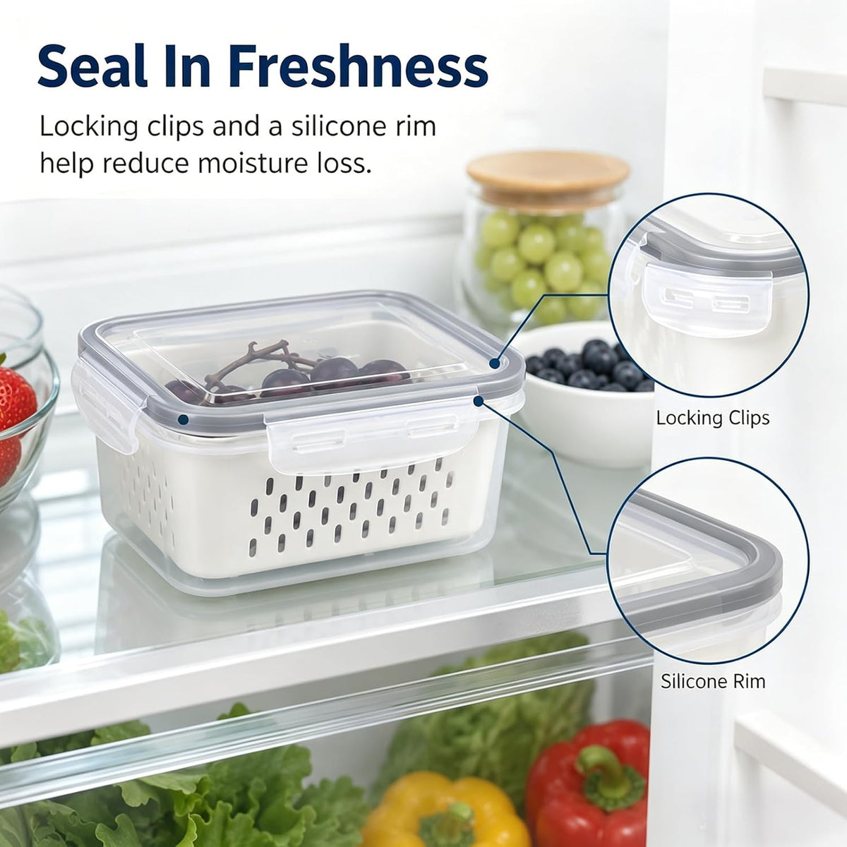 2 Pack Fruit Storage Containers for Fridge with Removable Colander, Grey