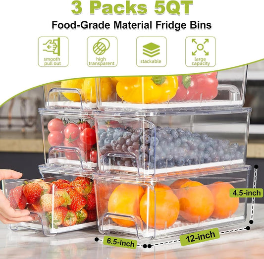Fridge Organizer, Clear Stackable Storage Bins with Drawers, 3 Pack