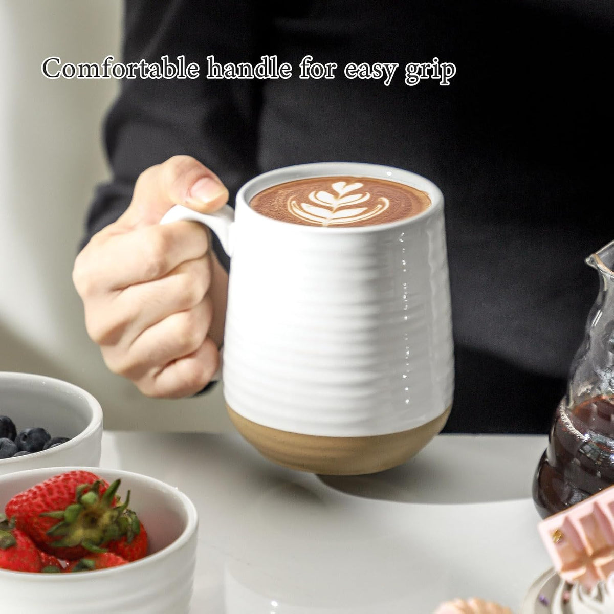 HASENSE Coffee Mugs Set of 4, 15oz Ceramic Coffee Cups with Handle, Two-Tone Design for Cappuccino Latte Tea, Large Microwave Dishwasher SafeMug Set, Housewarming Gift, Creamy White