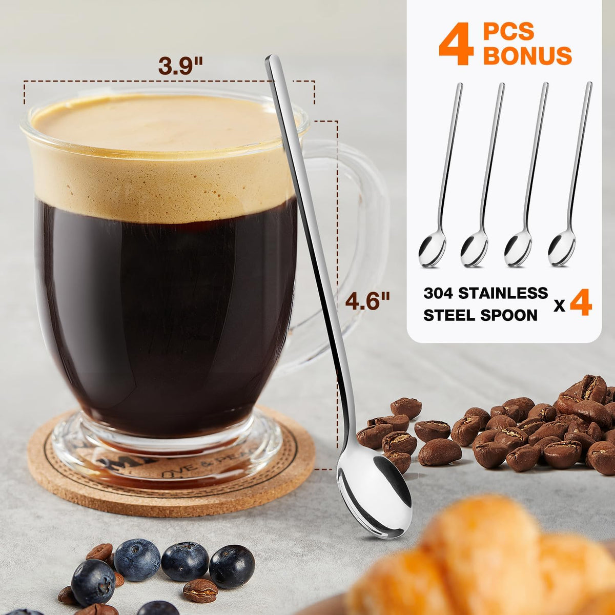 Mfacoy Glass Coffee Mugs Set of 4, 15 Oz With Handles for Hot Beverages