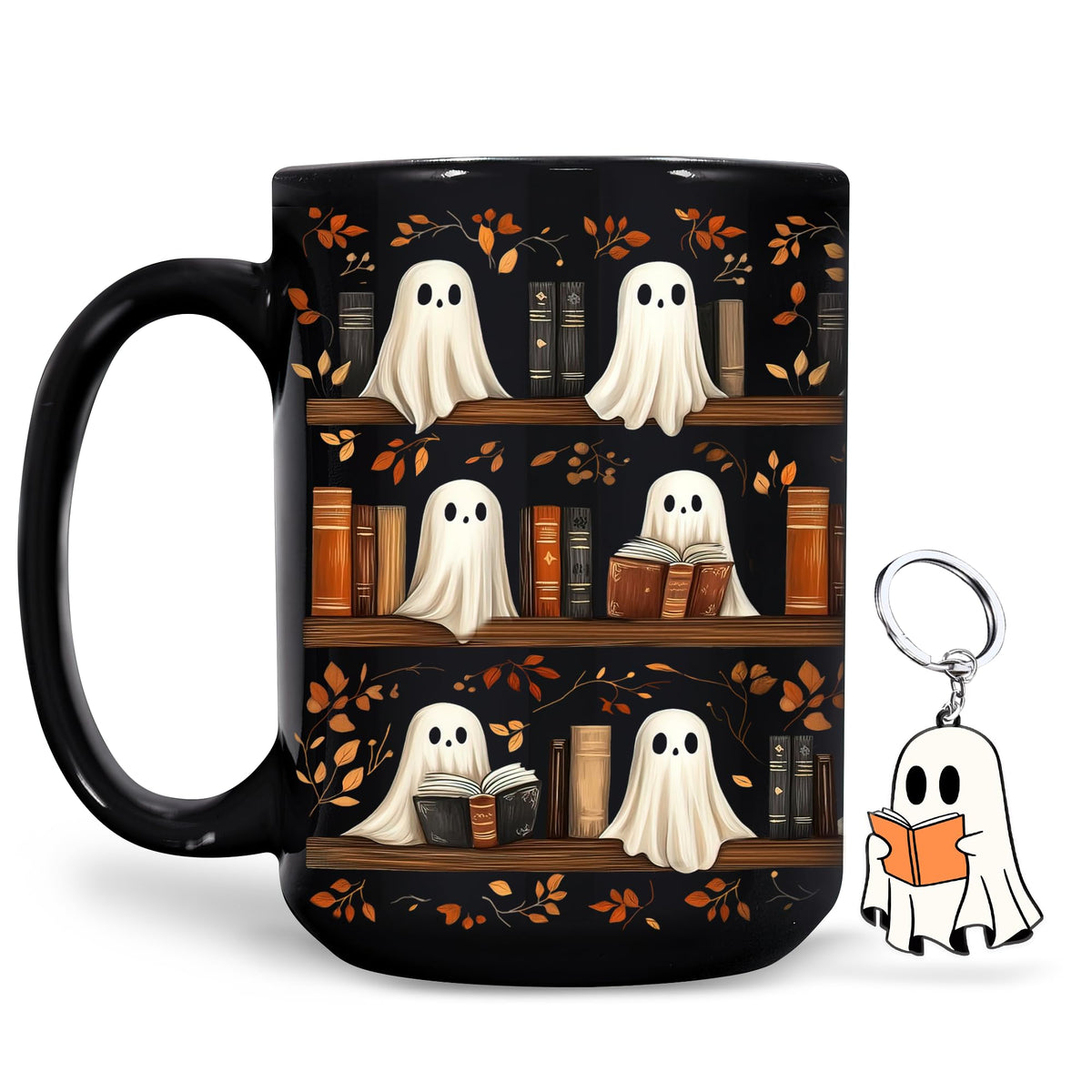 Hyturtle Cute Ghost Read Book Mug - Black Coffee Cup Ceramic Mug 15 Oz And Keychain - Book Gifts For Women Lover - Bookish Gift For Bookworm Librarian - Inspirational Librarian Present For Halloween