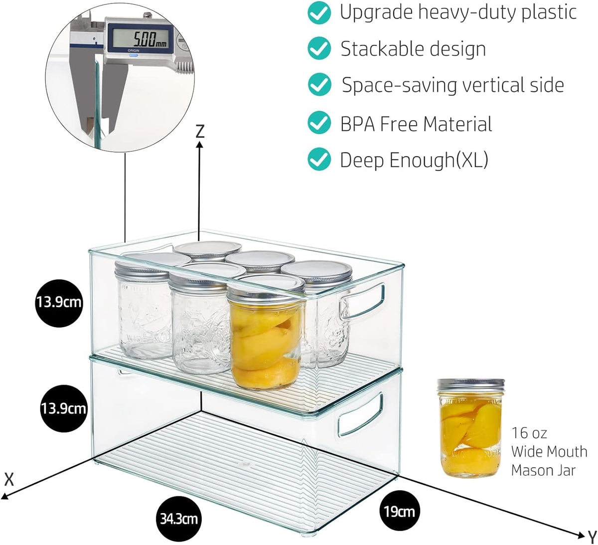 Hudgan 8 PACK Stackable Pantry Organizer Bins (3 Size) - Clear Fridge Organizer for Kitchen, Freezer, Refrigerator, Cabinet - Plastic Storage Container with Handle for Home