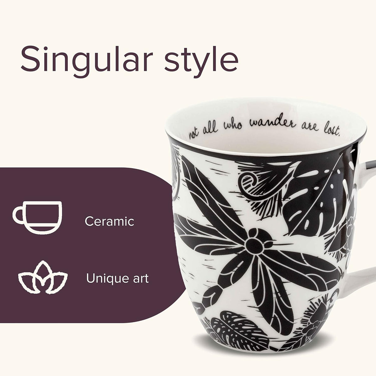 Karma Gifts, 14 oz Black and White Boho Mug, Cute Coffee and Tea Mug, Ceramic Coffee Mugs for Women and Men, Dragonfly