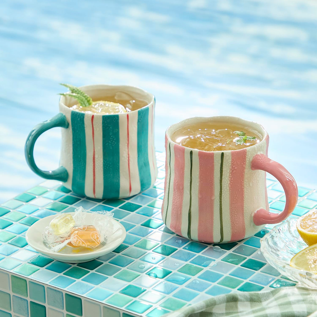 Hand-Painted Ceramic Coffee Mugs Set of 4 – 16oz Large Capacity Artistic Tea Cups with Checkerboard & Striped Patterns, Microwave & Dishwasher Safe for Home, Office, Kitchen (Summer Vibes Collection)
