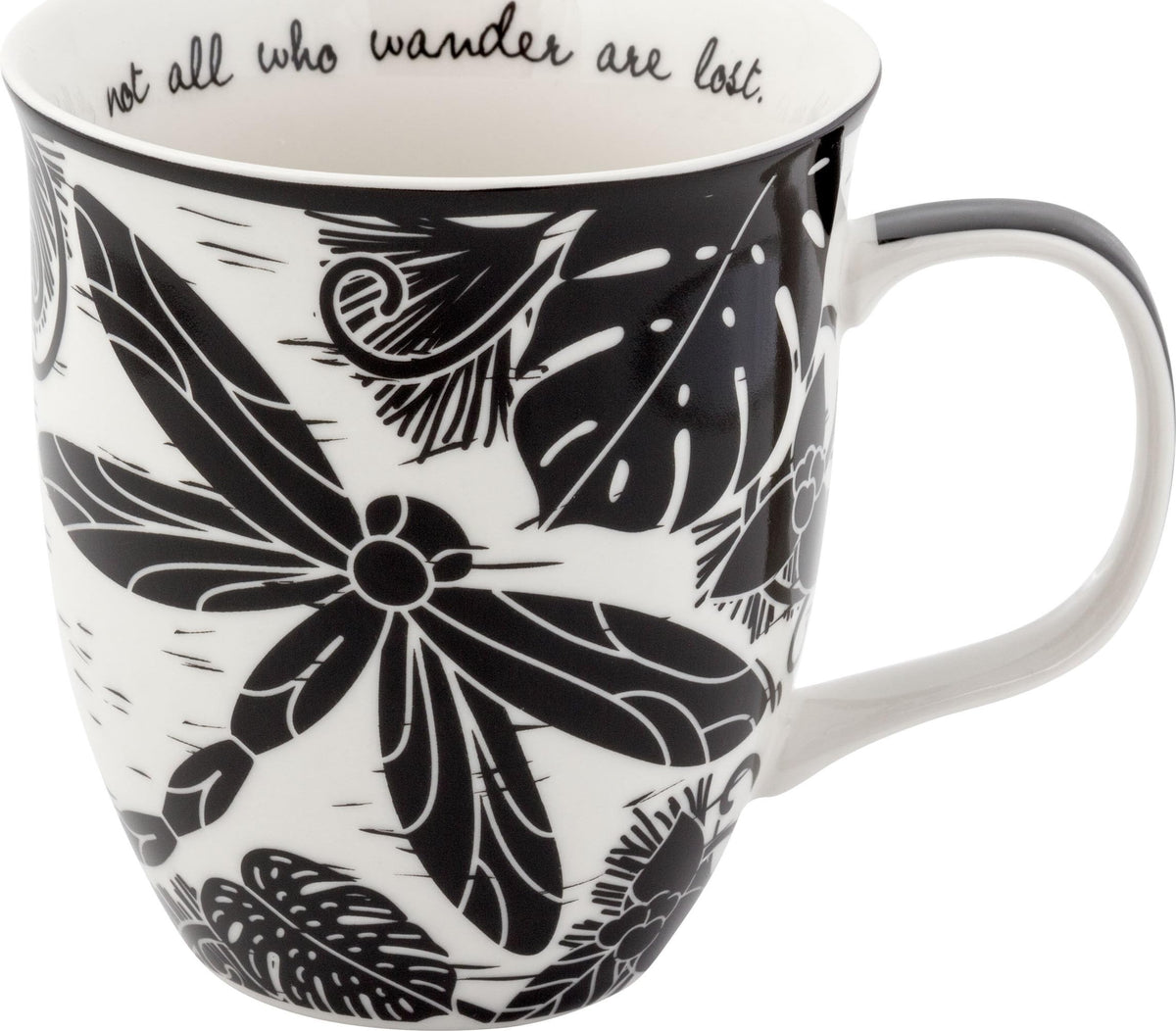 Karma Gifts, 14 oz Black and White Boho Mug, Cute Coffee and Tea Mug, Ceramic Coffee Mugs for Women and Men, Dragonfly