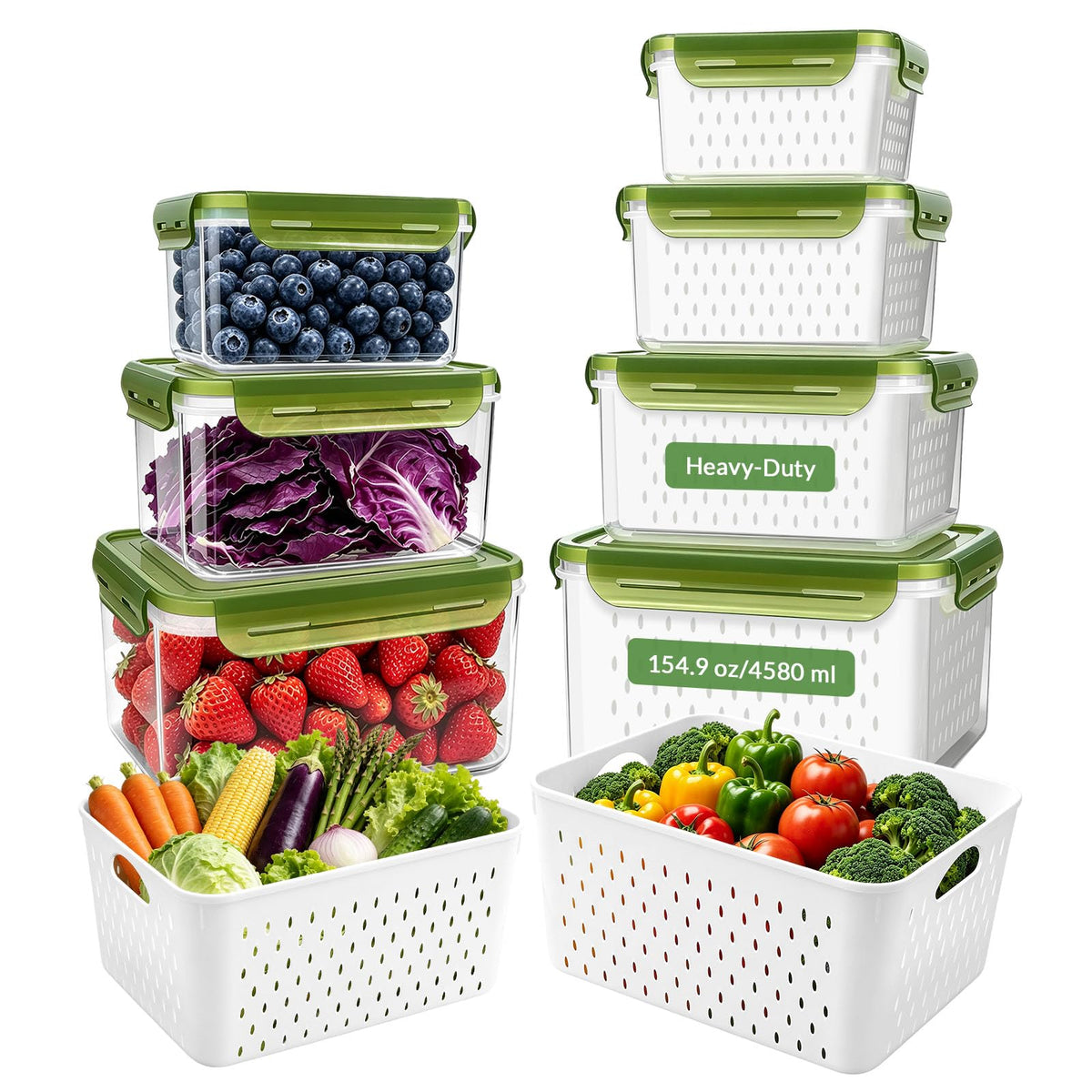 4 Pack Heavy-Duty Fruit Containers for Fridge,Food Storage Containers,Green