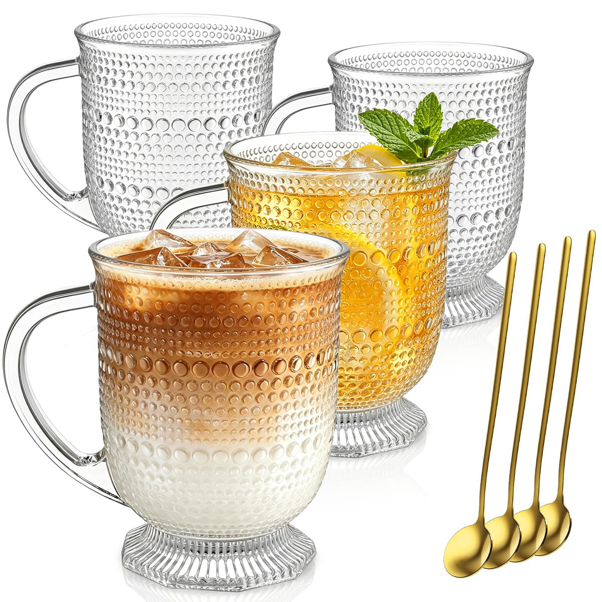 KEMORELA 16oz Ribbed Glass Coffee Mugs Set,Large Glass Mugs with Handle
