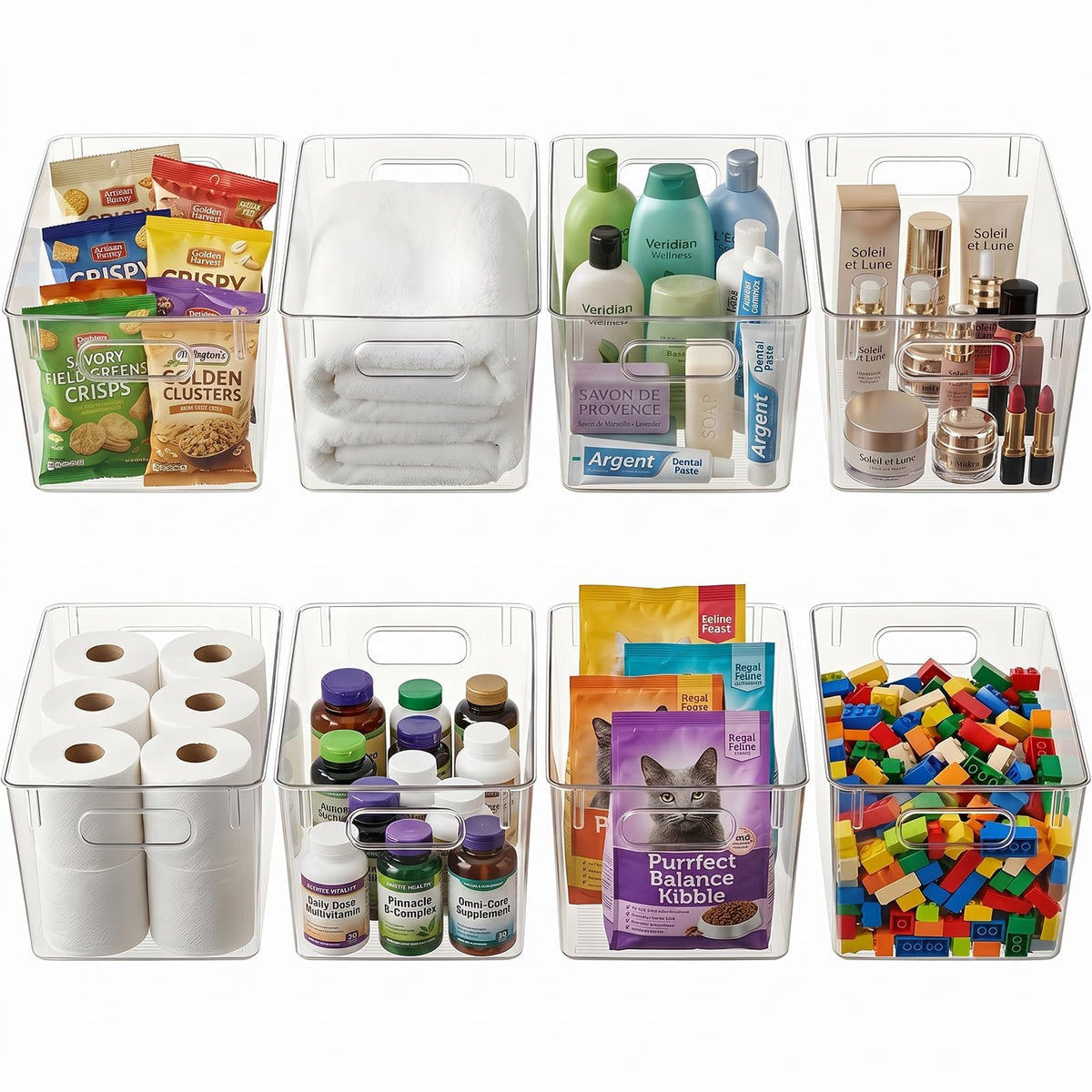 Hudgan 8 Clear Plastic Storage Bins for Pantry Organizer, Kitchen Cabinet