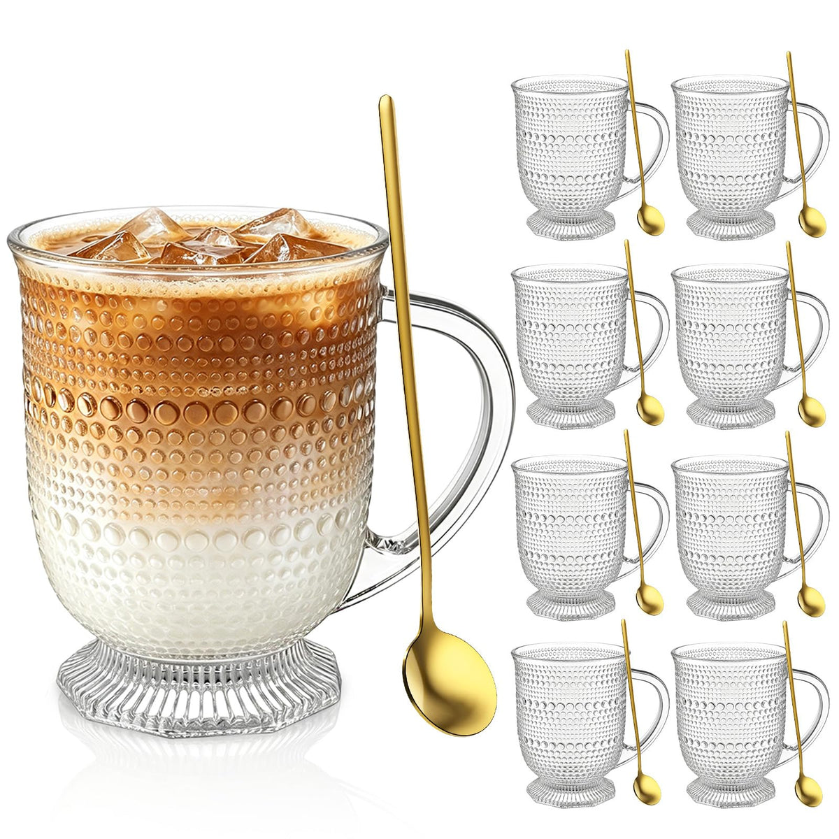 KEMORELA 16oz Ribbed Glass Coffee Mugs Set,Large Glass Mugs with Handle