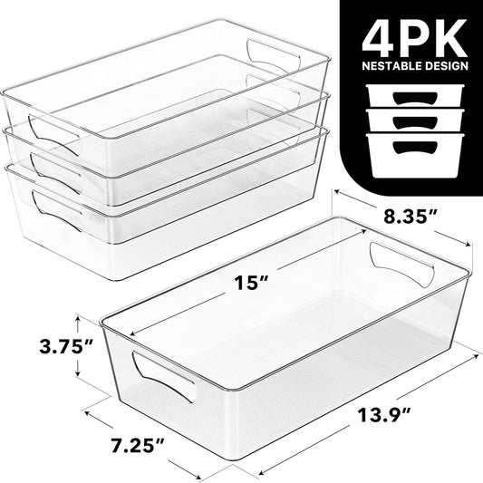 Simple Houseware 4 Pcs Kitchen Clear Bin Storage Organizer 15" x 8" x 3.75"