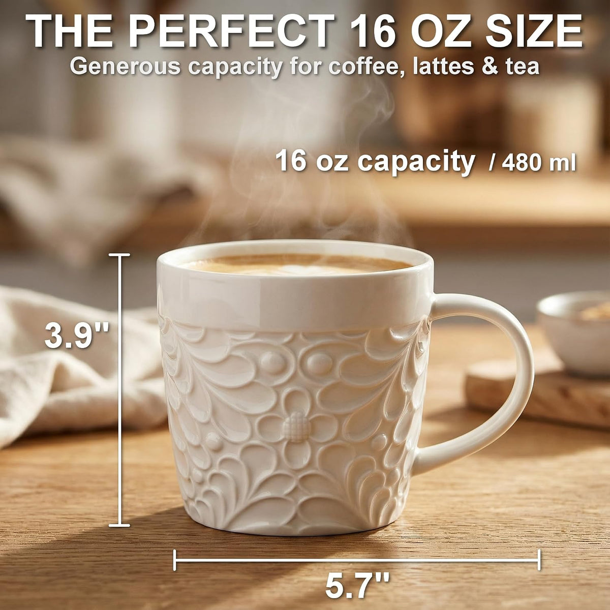 16 Oz Ceramic Coffee Mugs Set of 4, Rustic Embossed Nature Design, White