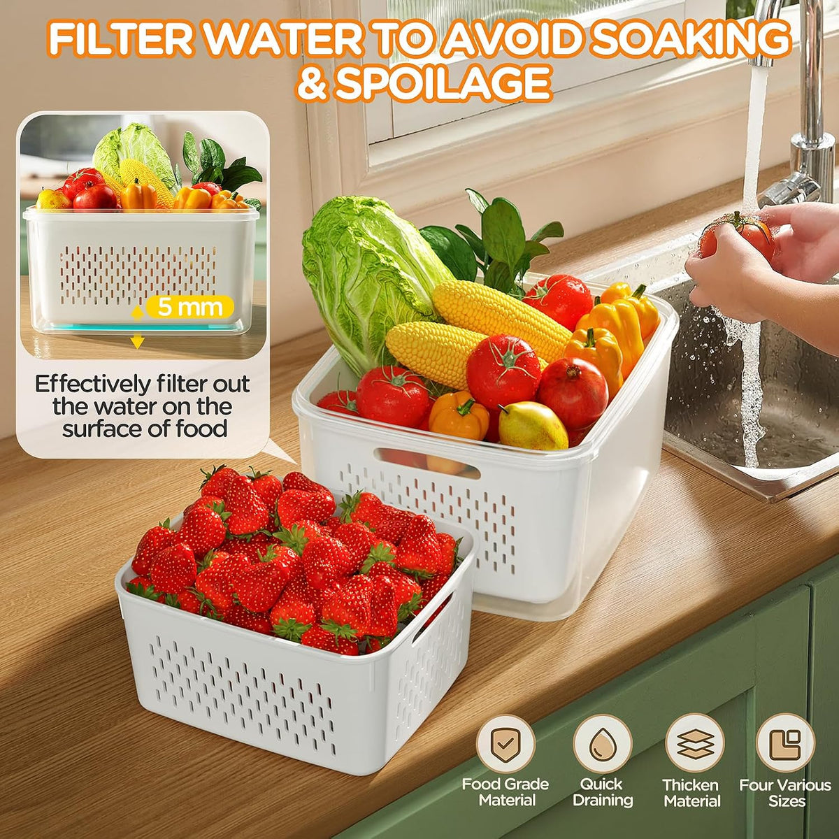 5-Pack Fruit Storage Containers for Fridge with Removable Colanders, 4 in 1 Produce Storage Containers with Lids, Leakproof Fridge Organizer Bins for Salad Berry Lettuce Vegetables Meat Keeper Fresh