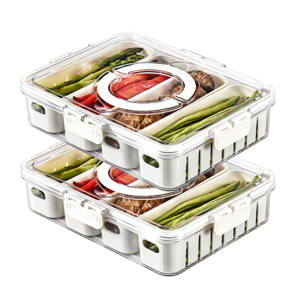 2Pack Divided Snackle Box with Lids Stackable Food Serving Tray for Fruit&Veggie Plastic Fridge Storage Container for Pantry Freezer Clear Snack Box for Meal Prep Candy Nuts Spice